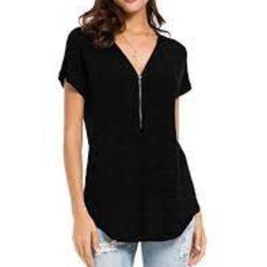 SMX Womens Loose Fitting Zip Up Deep V Neck Short Sleeve Top NWT